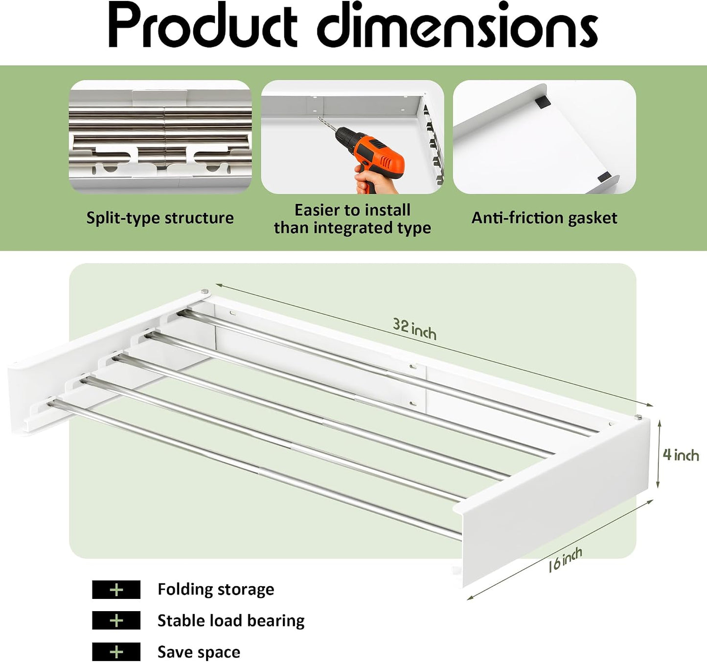 BOQORAD Clothes Drying Rack Wall Mounted 32“,Drying Rack Clothing Wall Mount,Laundry Drying Rack,Wall Mounted Clothes Hanging Rack (White)