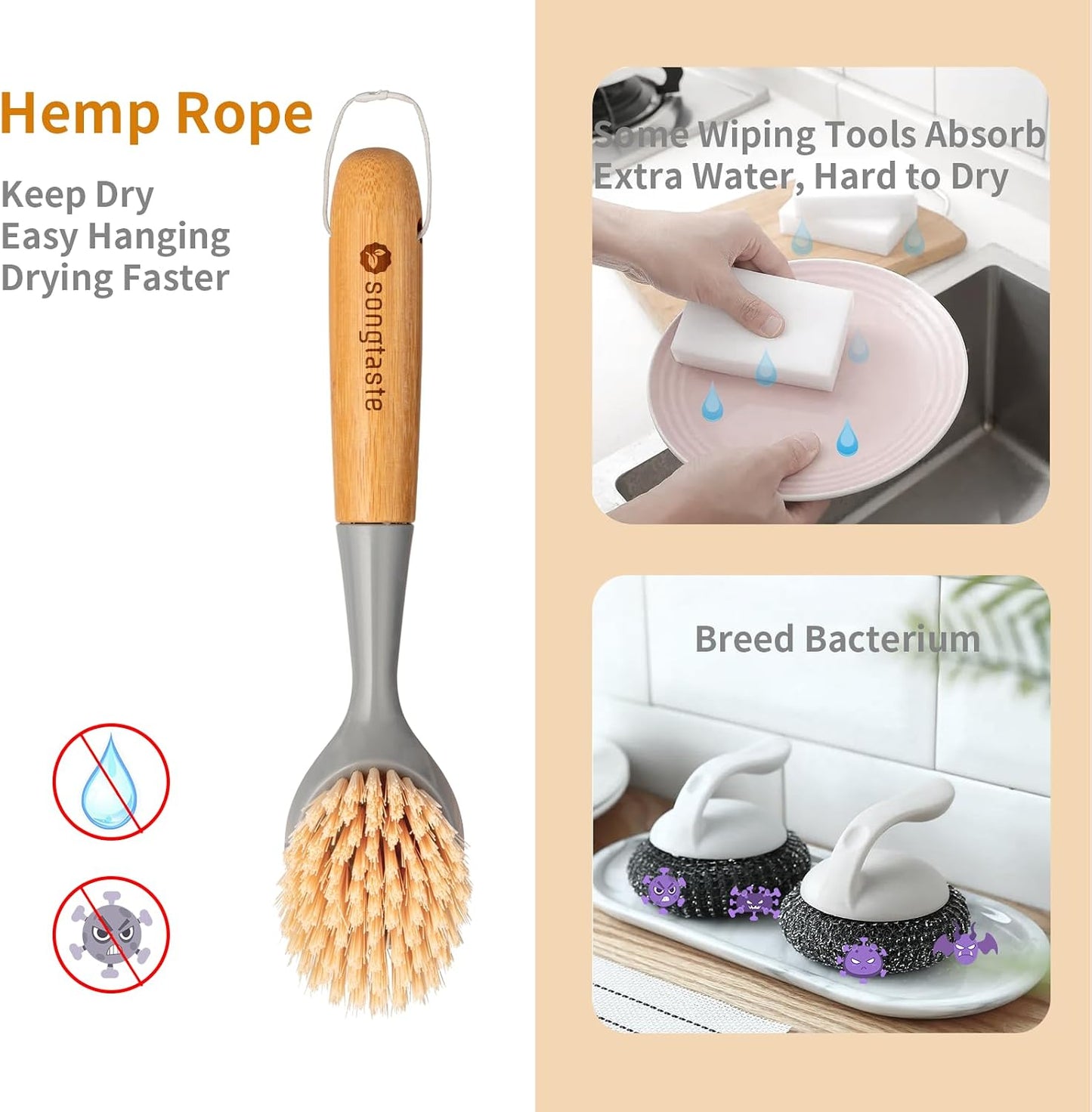 2 Pack Kitchen Dish Brush Bamboo Handle Dish Scrubber Built-in Scraper, Scrub Brush for Pans, Pots, Kitchen Sink Cleaning, Dishwashing and Cleaning Brushes are Perfect Cleaning Tools, White