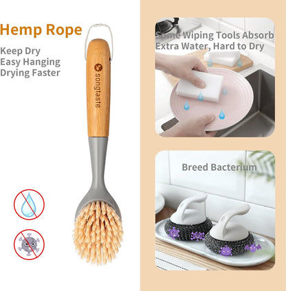 2 Pack Kitchen Dish Brush Bamboo Handle Dish Scrubber Built-in Scraper, Scrub Brush for Pans, Pots, Kitchen Sink Cleaning, Dishwashing and Cleaning Brushes are Perfect Cleaning Tools, White
