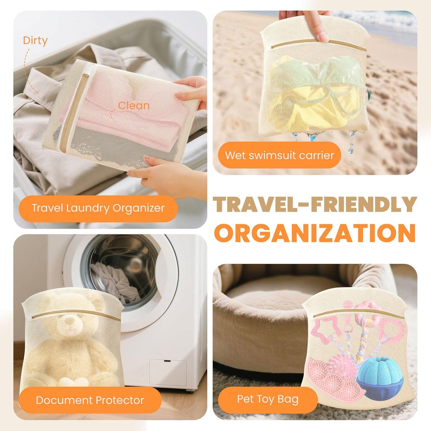ABRRLO 4Pcs Cotton Mesh Laundry Bags for Delicates,Breathable Mesh Garment Bag for Washing Machine,Travel Wash Bags with Zipper for Bras,Underwear,Socks,Baby Clothes,Laundry Dorm Room Essentials(S)