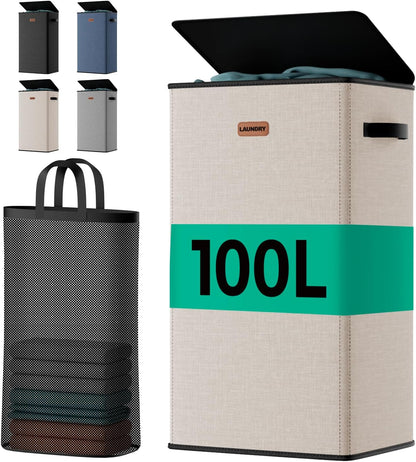 150L 2-Section Laundry Hamper with Lid – Removable Bag, Double Compartment Clothes Hamper for Bathroom, Bedroom, Dorm & Laundry Room