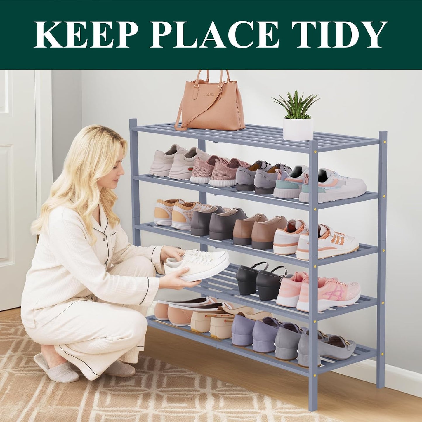 Smiry Bamboo Shoe Rack, 3 Tier Free Standing Wooden Shoe Organizer, Stackable Wood Shoe Storage Shelf for Closet, Entryway, 5 Horizontal Slats, 26.8"x11"x18.3", Natural