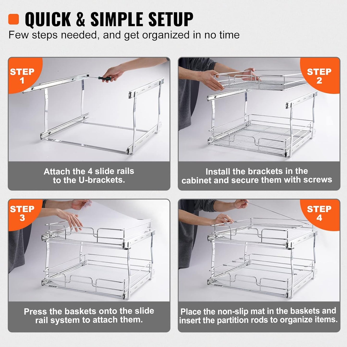 VEVOR Pull Out Cabinet Organizer, 12"W x 21"Dx15.2"H Heavy Duty Slide Out Pantry Shelves, Chrome-Plated Steel Roll Out Drawers for Home,13.5"Wx22"Dx19"H Inside Kitchen Cabinet, Bathroom, Under Sink