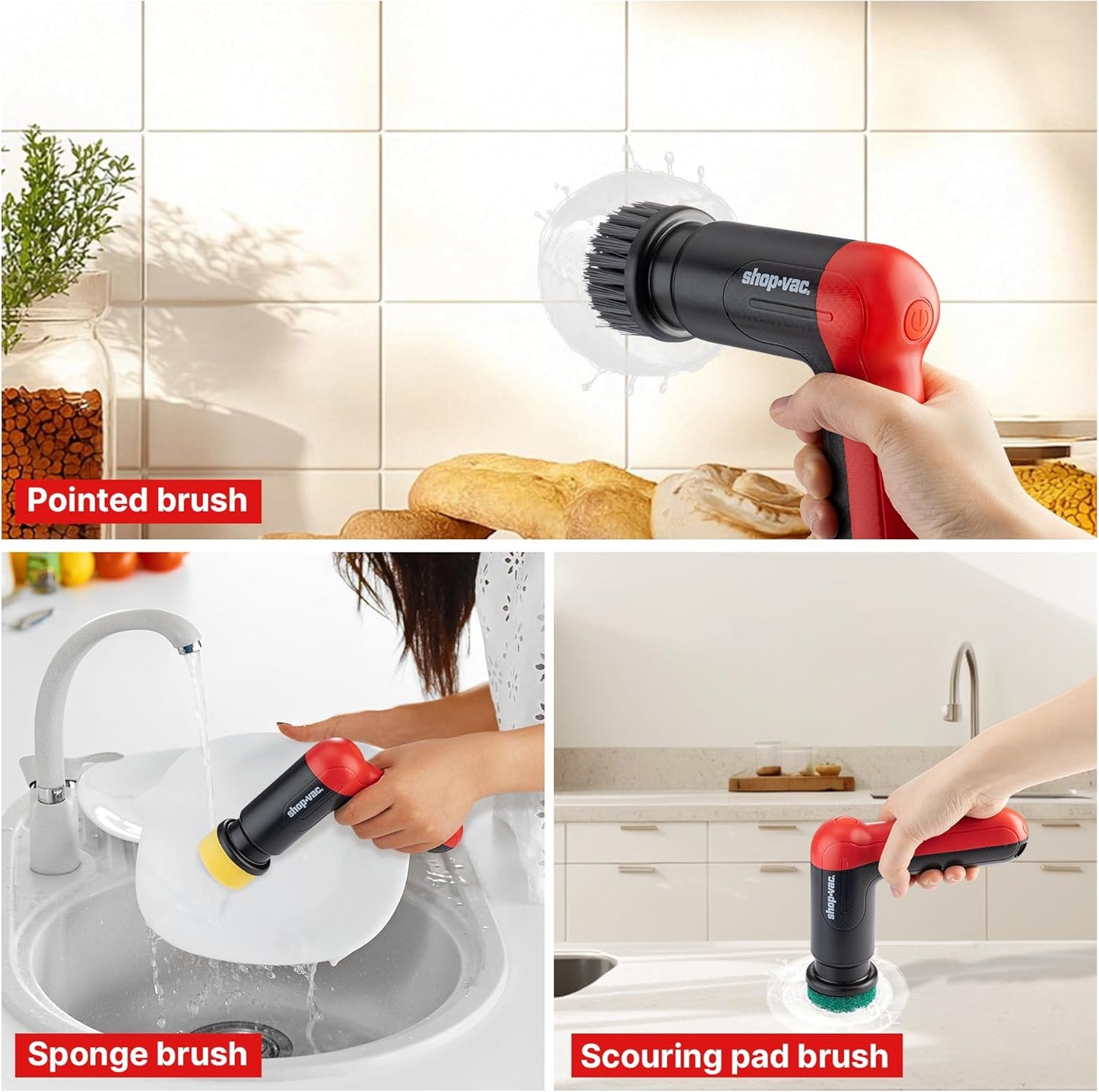 Shop-Vac Cordless Spin Scrubber, 2-Speed (180/240RPM) Electric Cleaning Brush with 5 Multi-Surface Heads, 2000mAh Battery, 60-Min Runtime, for Kitchen & Bathroom
