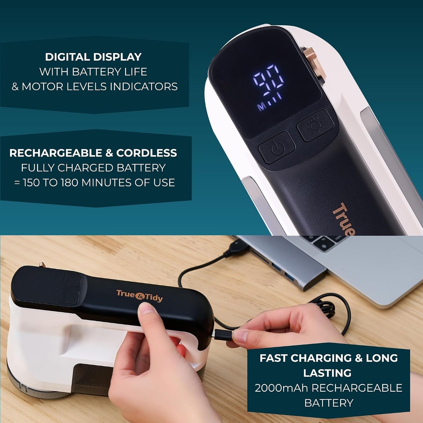 True & Tidy XL Fabric Shaver & Lint Remover Rechargeable Electric Sweater Defuzzer w/ 6-Blade Stainless Steel, 3 Speeds, LED Display, 1 Extra Blade, 3.5 Hrs Runtime for Clothes, Couch, Upholstery