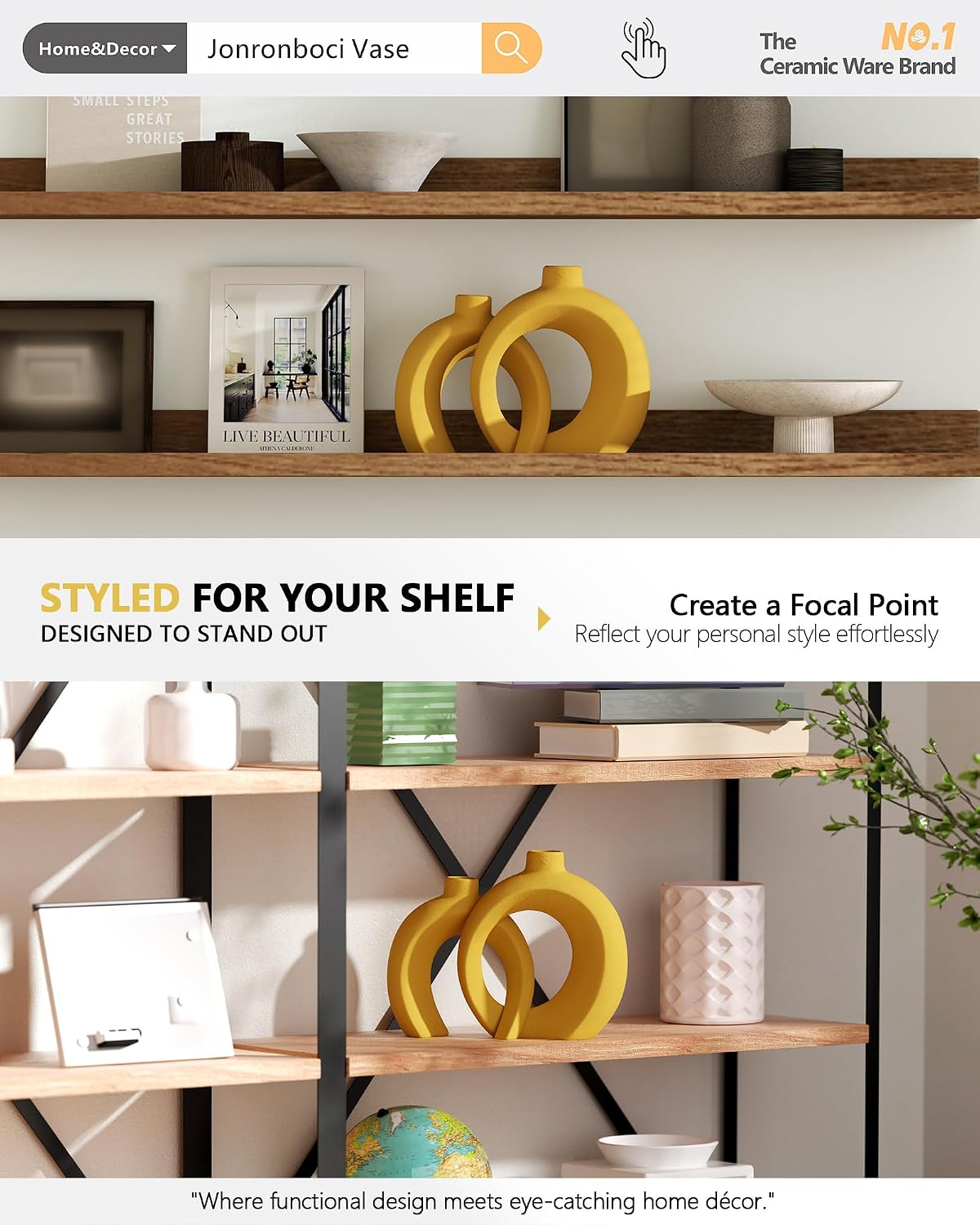 7.2″Hx8.9″H Donut Shape Decorative Vase Set of 2, Ceramic, Modern Minimalism Styles, Flowers or Plant Table Vases for Home Decor Living Room Shelf Entry Console Mantle Dining Centerpiece (Matte White)