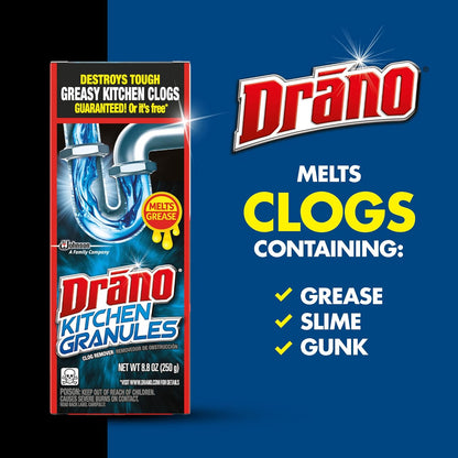 Drano Kitchen Granules Drain Clog Remover and Cleaner, Unclogs Blockage from Grease or Cooking Oil, Commercial Line, 17.6 Oz