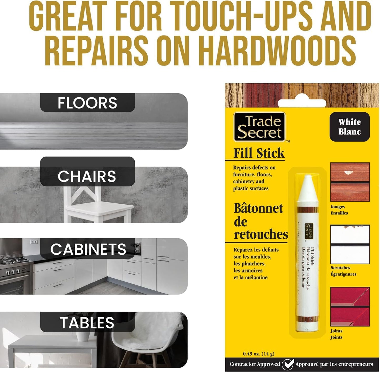 Wood Scratch Repair Fill Stick for Light Surfaces (Set of 3), Great for Touch-Ups and Repairs on Hardwoods Floors, Furniture, Cabinets and Plastic Surfaces.