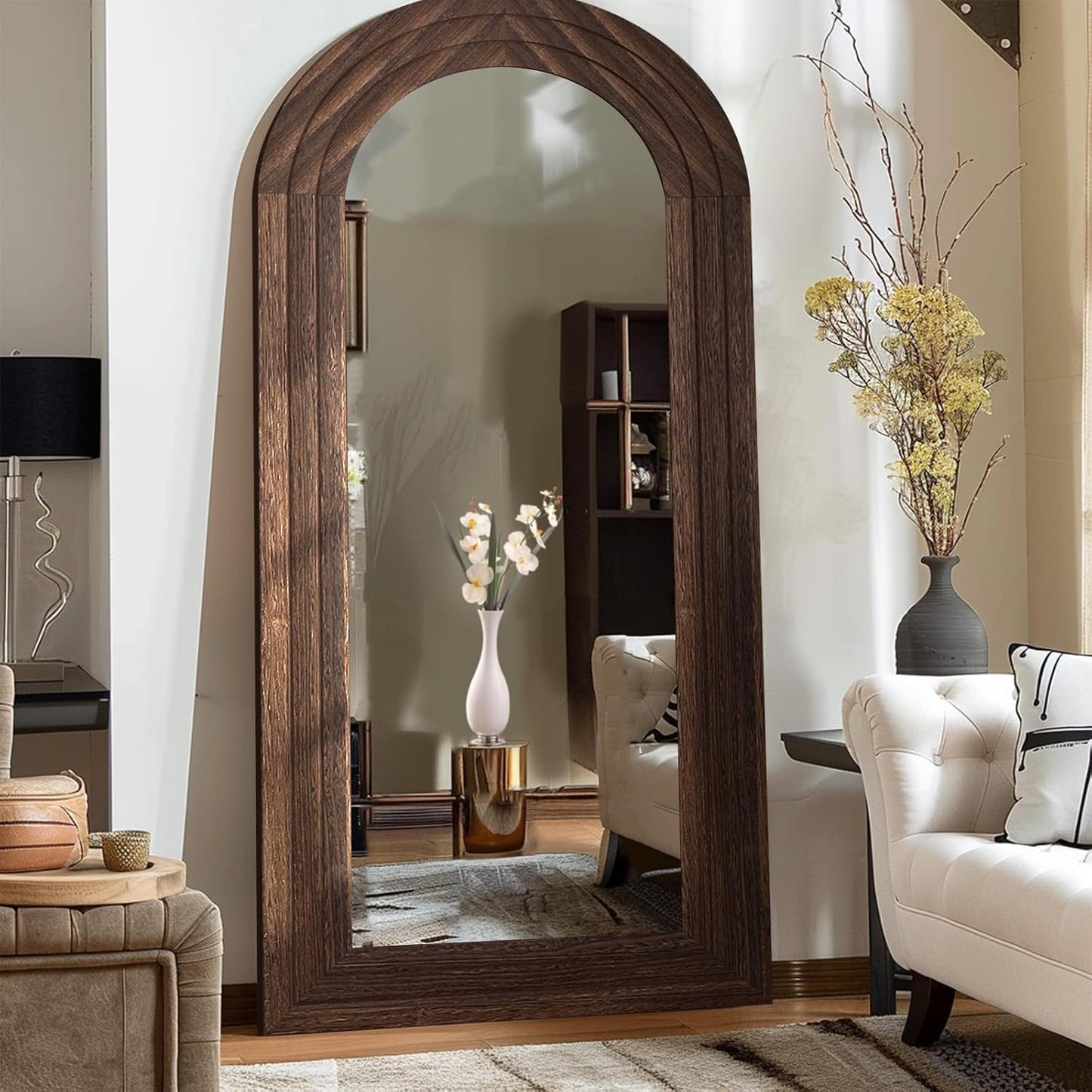 ZHUNFA Arched Full Length Mirror with Solid Wood Frame | 65x22 Farmhouse Wall Mirror Full Length with Stand, Vertical Hanging, Leaning Standing for Bedroom,Living Room, Rustic White