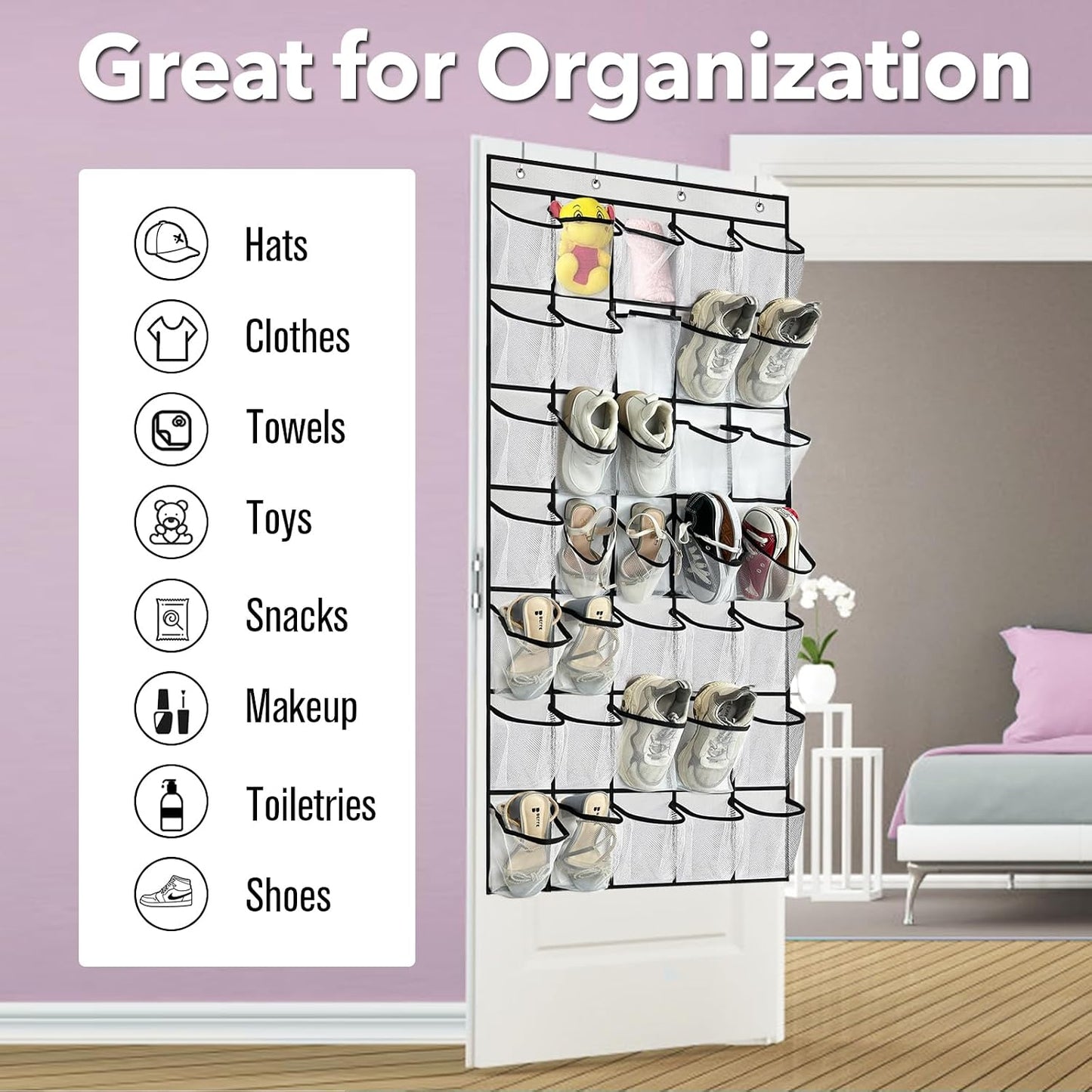 homyfort Over the Door Shoe Organizer, Hanging Shoe Rack Storage Holder with 24 Large Pockets for Closet Door, Men Women Kids Shoes, Cruise (Black)