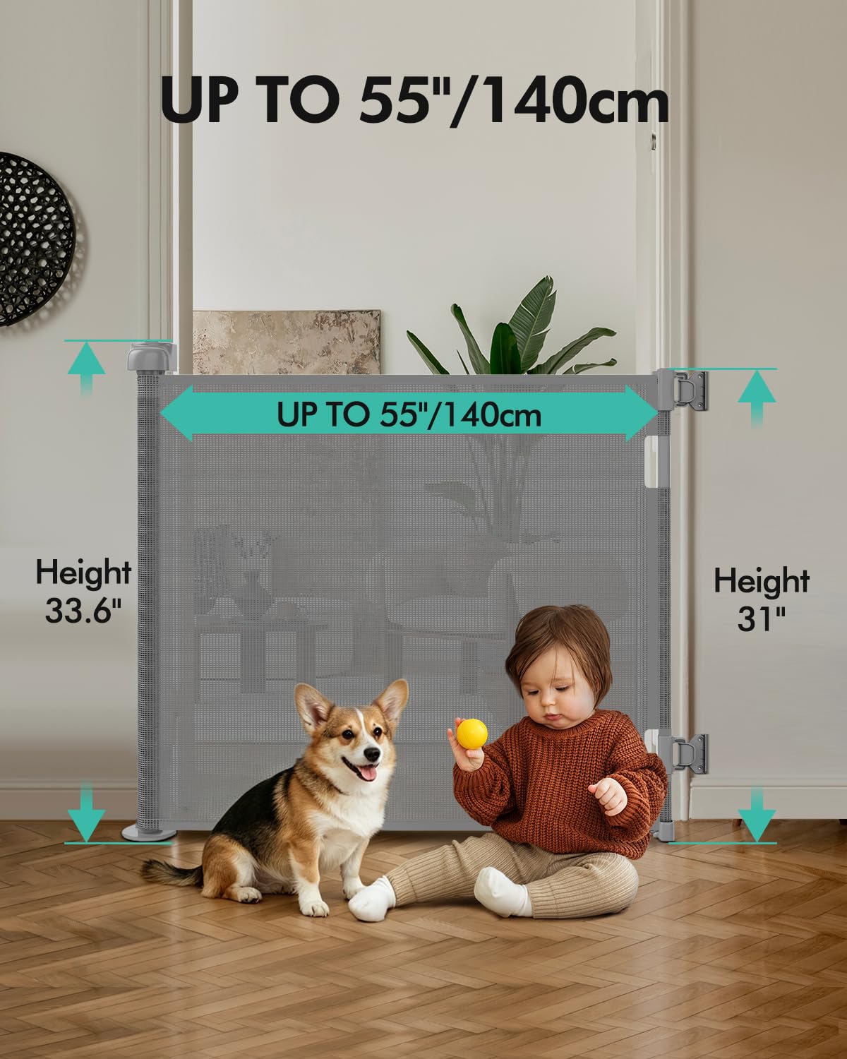 Retractable Baby Gates, Mesh Dog Gate for Doorways, 33.6" Tall, Expands to 55" Wide,Pet Safety Essential Fit for Baseboards, Wide Toddlers Gates for Hallways, Indoor & Outdoor,Gray