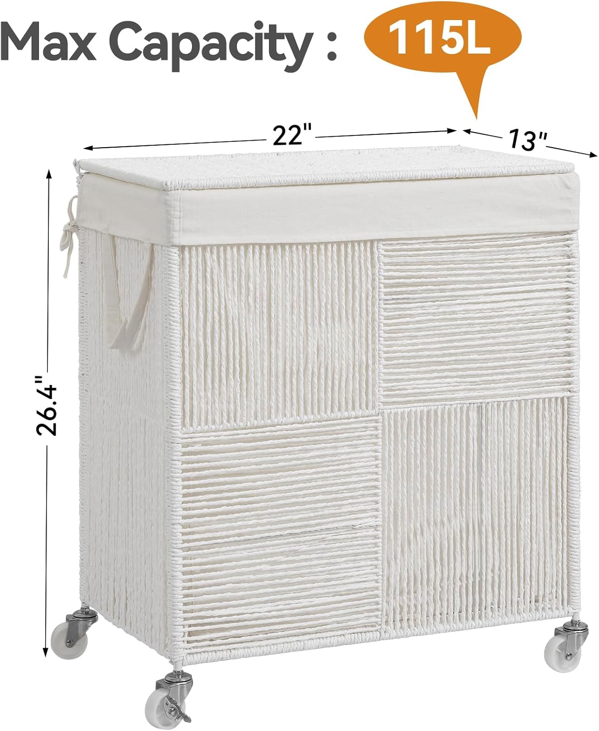 WOWLIVE Double Laundry Hamper with Lid, Handwoven Rolling Laundry Basket with Wheels, 115L Dirty Clothes Hamper with Removable Liner Bag Large Capacity Laundry Sorter Laundry Room Organization,Natural