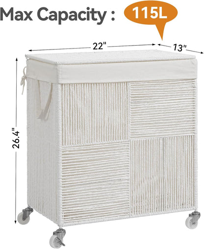 WOWLIVE Double Laundry Hamper with Lid, Handwoven Rolling Laundry Basket with Wheels, 115L Dirty Clothes Hamper with Removable Liner Bag Large Capacity Laundry Sorter Laundry Room Organization,Natural