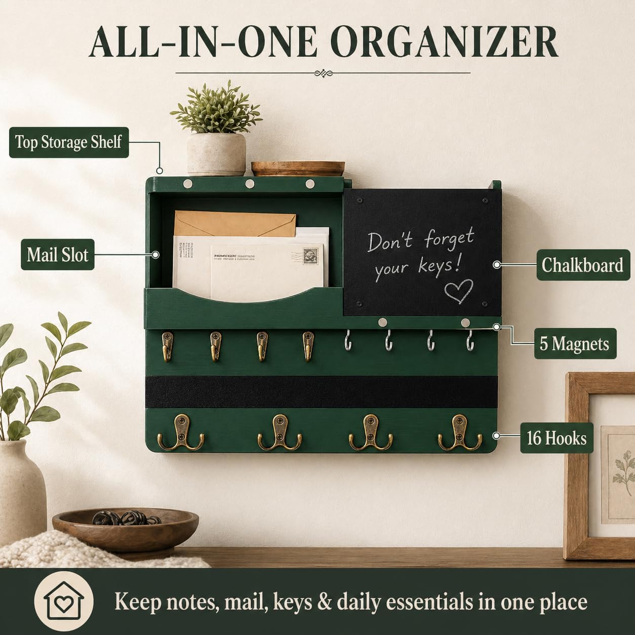 Key Holder for Wall Mount with Shelf and Mail Organizer, Key and Mail Holder with 16 Hooks, Farmhouse Entryway Organizer, Home Decor Rack (Pine Wood, Black)