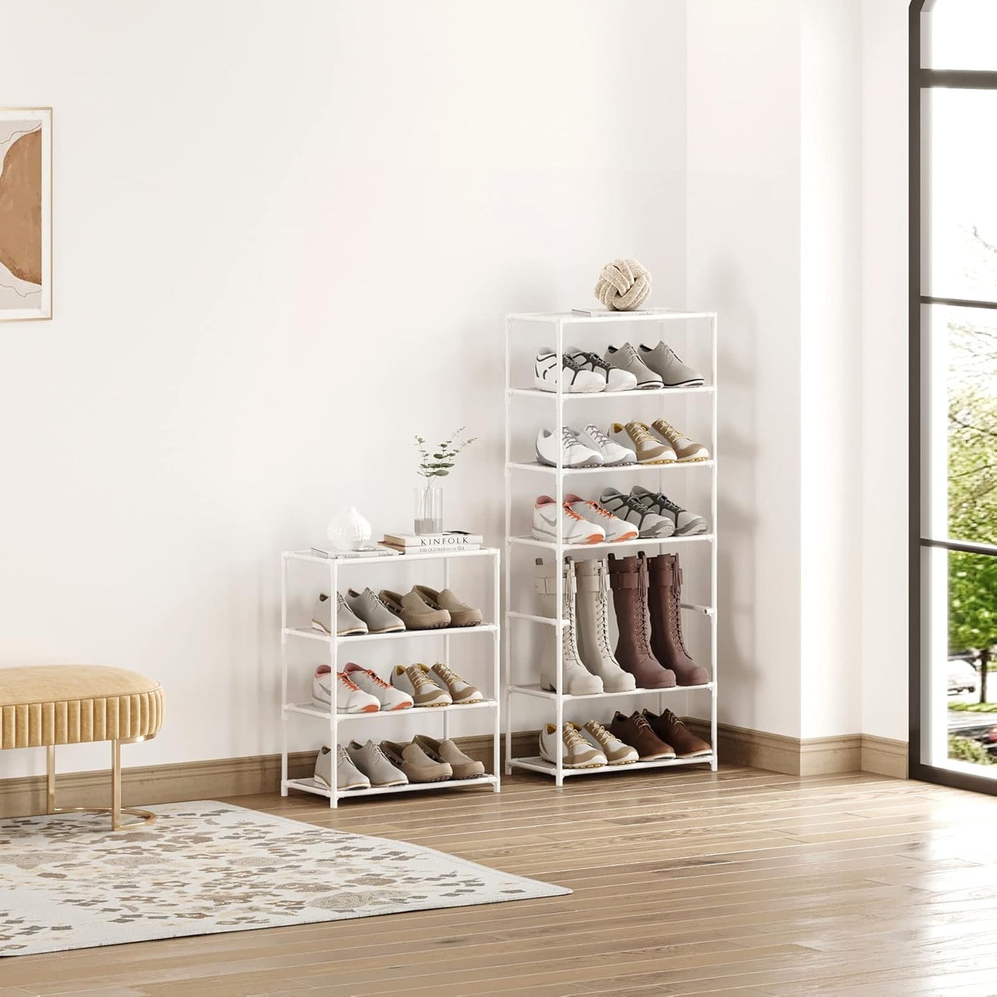 Small Shoe Rack 6-8 Pairs Sturdy Shoe Shelf 4-Tiers Narrow Stackable Shoe Organizer,Lightweight Kids Shoe Racks for Entryway, Doorway and Closet（Black）