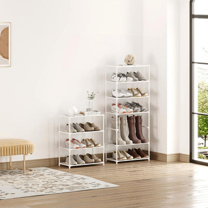 Small Shoe Rack 6-8 Pairs Sturdy Shoe Shelf 4-Tiers Narrow Stackable Shoe Organizer,Lightweight Kids Shoe Racks for Entryway, Doorway and Closet（Black）