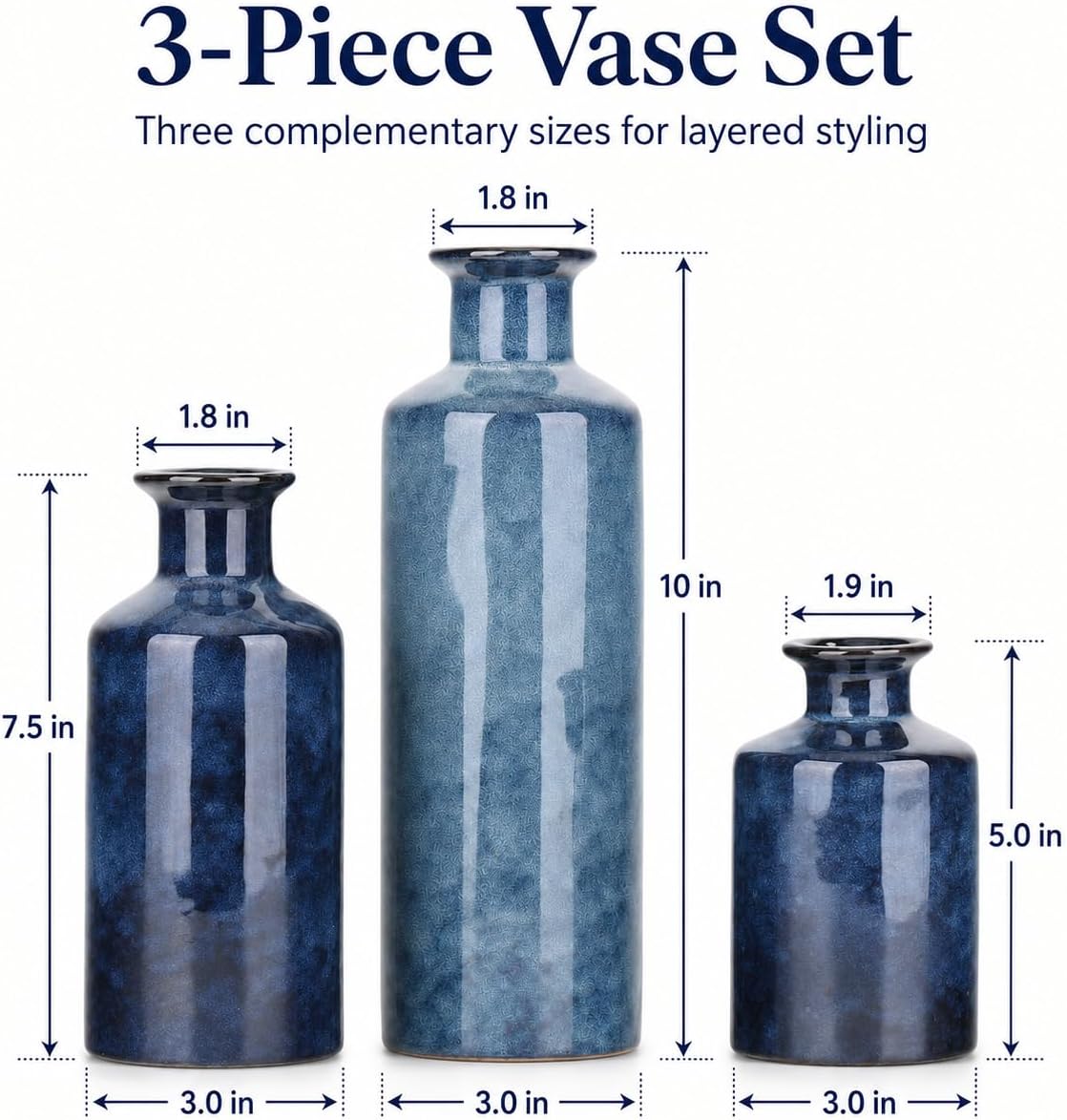 Blue Ceramic Vase Set of 3, Small Vases for Table Decor | Bring farmhouse charm to tables, shelves, mantels, entryways, living rooms, bedrooms and offices.