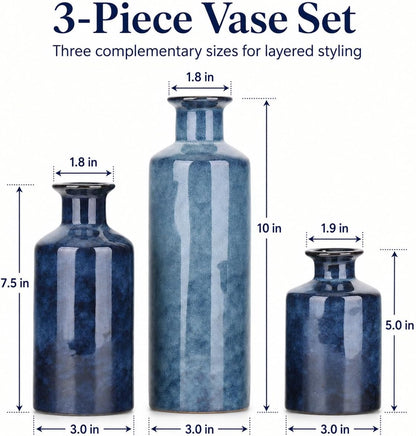 Blue Ceramic Vase Set of 3, Small Vases for Table Decor | Bring farmhouse charm to tables, shelves, mantels, entryways, living rooms, bedrooms and offices.