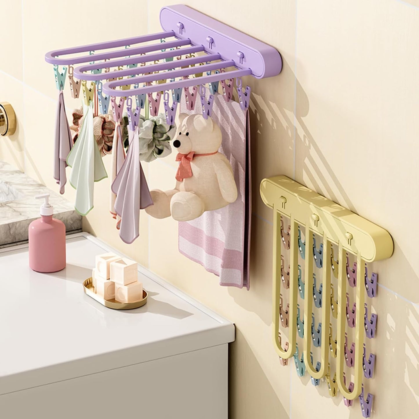 Clothes Drying Rack Wall Mounted, Clothes Drying Rack Folding Indoor with Clip, Balcony Drying Rack Dryer, Space Saver for Socks, Underwear, Rags, Towels