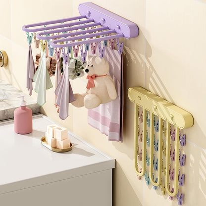 Clothes Drying Rack Wall Mounted, Clothes Drying Rack Folding Indoor with Clip, Balcony Drying Rack Dryer, Space Saver for Socks, Underwear, Rags, Towels