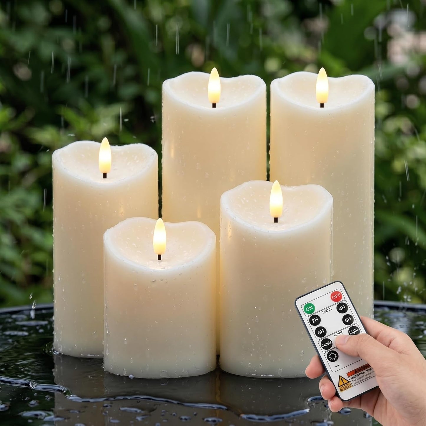 Amagic IP65 Waterproof Outdoor Flameless Candles with Remote, LED Candles Battery Operated with Timer, Flickering Fake Pillar Candle for Outside Patio Yard Decor, Ivory, Set of 5, D3 X H4 5" 6" 8" 8"