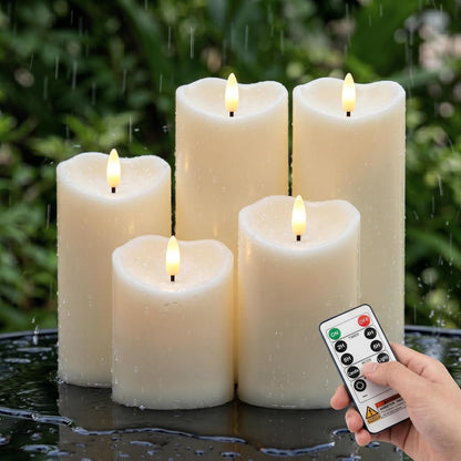 Amagic IP65 Waterproof Outdoor Flameless Candles with Remote, LED Candles Battery Operated with Timer, Flickering Fake Pillar Candle for Outside Patio Yard Decor, Ivory, Set of 5, D3 X H4 5" 6" 8" 8"