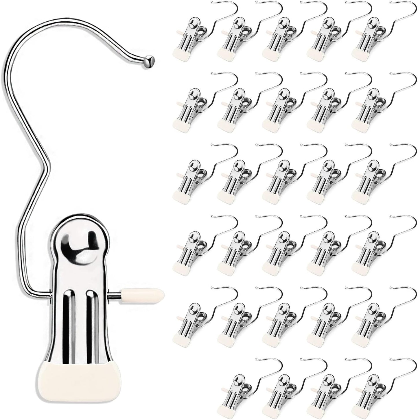 30 Pieces Boot Hanger Clips with Hook, Multifunctional Stainless Steel Clothes Pins, Space Saving Single Hanging Clips for Closet Pants Hats Socks Gloves Towels, White