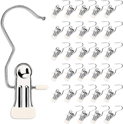 30 Pieces Boot Hanger Clips with Hook, Multifunctional Stainless Steel Clothes Pins, Space Saving Single Hanging Clips for Closet Pants Hats Socks Gloves Towels, White