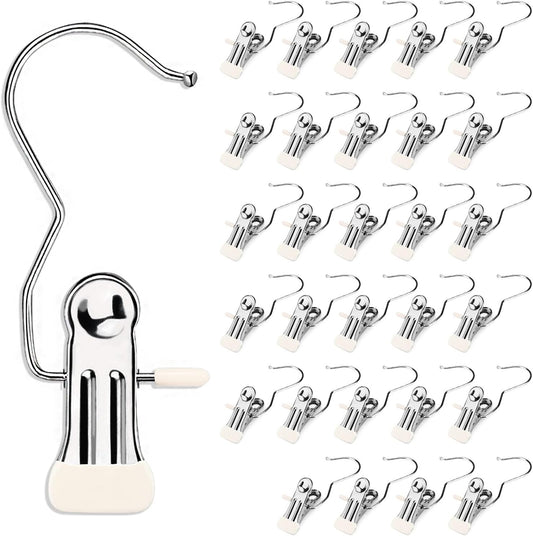 30 Pieces Boot Hanger Clips with Hook, Multifunctional Stainless Steel Clothes Pins, Space Saving Single Hanging Clips for Closet Pants Hats Socks Gloves Towels, White