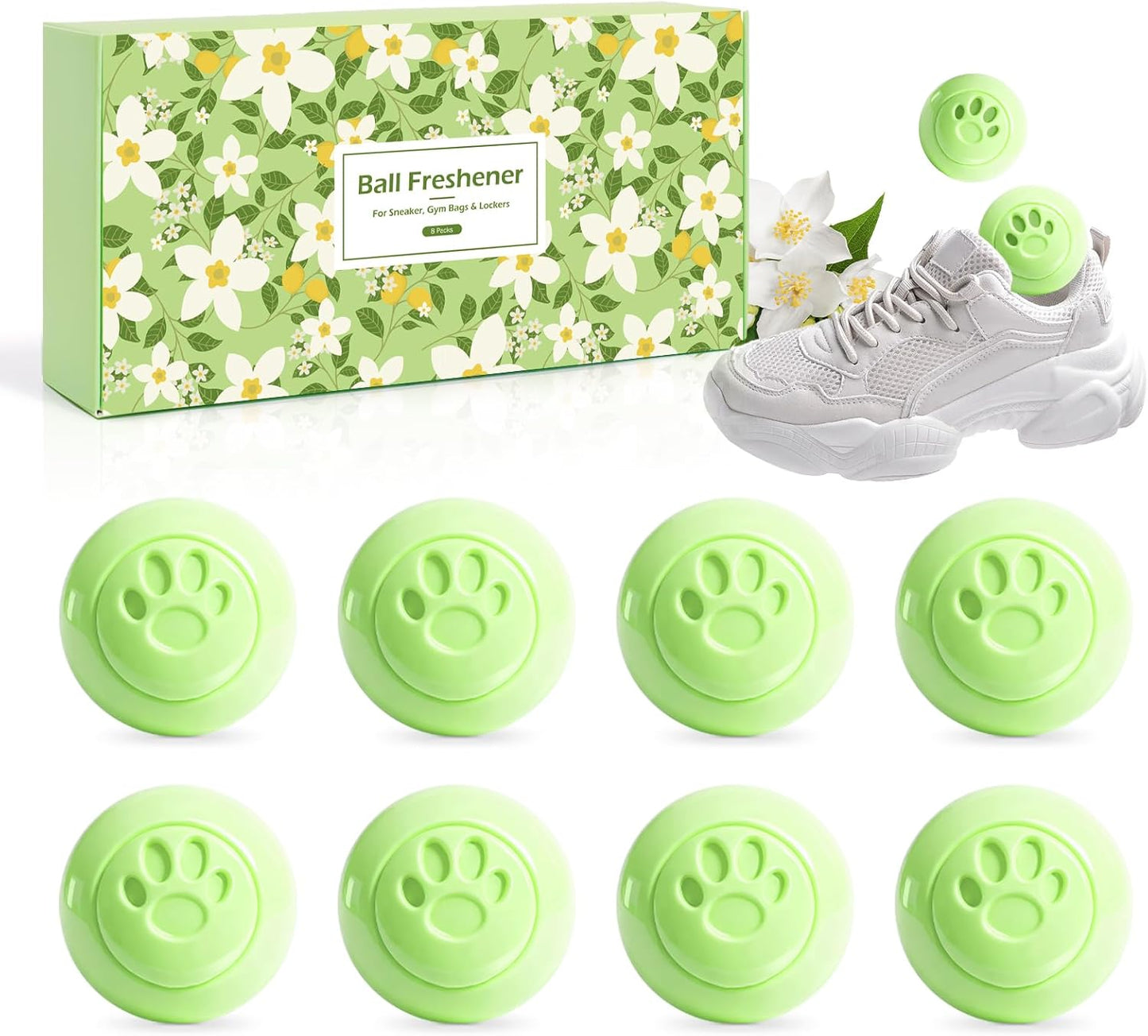 SCENTORINI Shoe Deodorizer Balls, 8 Pack Jasmine Scent Sneaker Deodorizer Balls, Odor Eliminator for Smell Shoes Boots, Long Lasting Shoe Freshener for Gym Bags, Drawers and Small Spaces