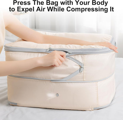 Comforter Storage Bag - 130L Large Capacity Blanket Storage Bags 4-Layer Ultra Space Saving Self Compression Organizer, Washable Compression Bags for Storage Comforter Blanket, 2-Pack, Beige