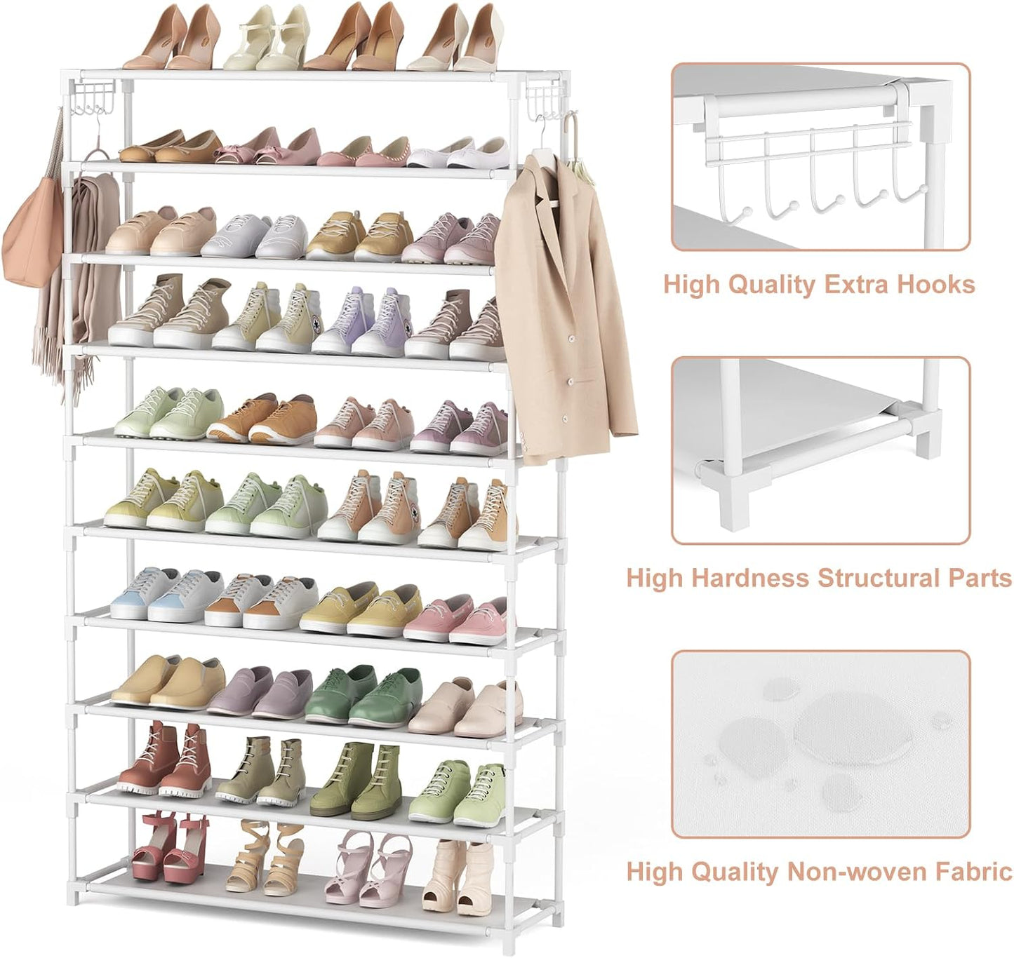 LANTEFUL 10 Tiers Shoe Rack 50 Pairs Large Capacity Tall Shoe Organizer Sturdy Shoe Storage with Two Hooks Space Saving Metal Wide Shoe Rack for Closet, Entryway, Bedroom, Black