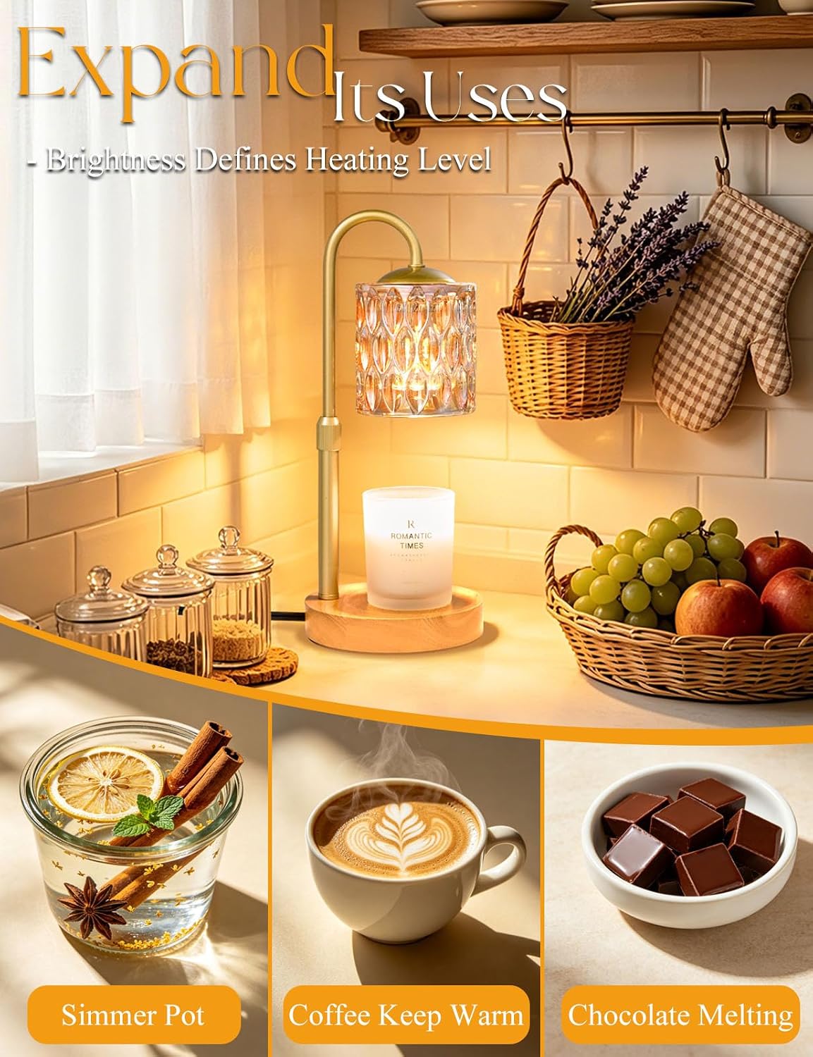 Briever Dimmable Candle Warmer Lamp with Timer, Height Adjustable Electric Candle Wax Warmer, Christmas Birthday Gifts for Women Mom, House Warming Gifts New Home Room Decor, Walnut Solid Wood Base