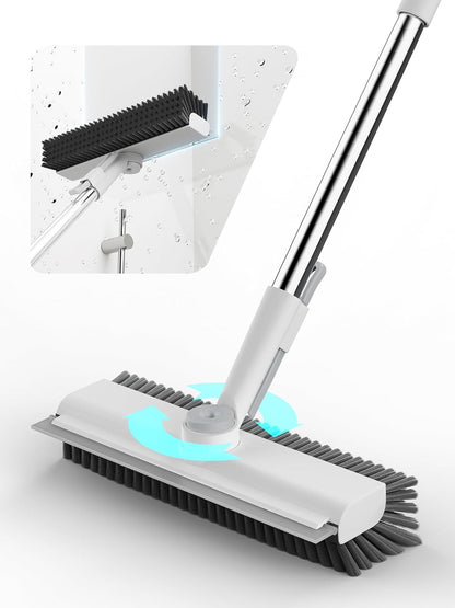 Floor Scrub Brush with Long Handle, 3 in 1 Scrape and Heavy-Duty Stiff Bristle Floor Scrubber Brush with Squeegee and Tweezer for Cleaning Tile Wall Deck Bathroom Patio Garage Kitchen (White)