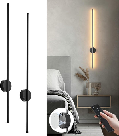 Battery Operated Modern Wall Sconces, Dimmable Wireless Wall Light Set of Two with Remote Control, 3 Color Temperatures, Rechargeable LED Wall Sconce for Bedroom, Living Room, Hallway, 23.6 Inch Brass