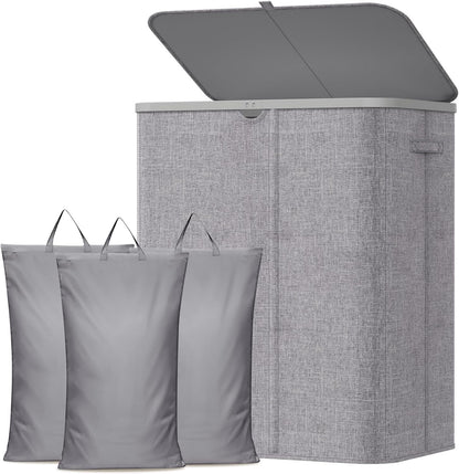 Lifewit 185L 3 Section Laundry Hamper with Lid, Large Laundry Basket with Handles and Removable Bags, Tall Clothes Hamper, Foldable Laundry Sorter for Bedroom Bathroom, Beige
