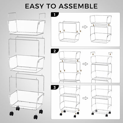 Delamu 3 Tier Rolling Cart for Kitchen, Bathroom, Office, Acrylic Utility Storage Carts with 2 Lockable Wheels, Ideal for Small Spaces, Pantry, Classroom, Makeup Organizer, Dorm Storage, Clear