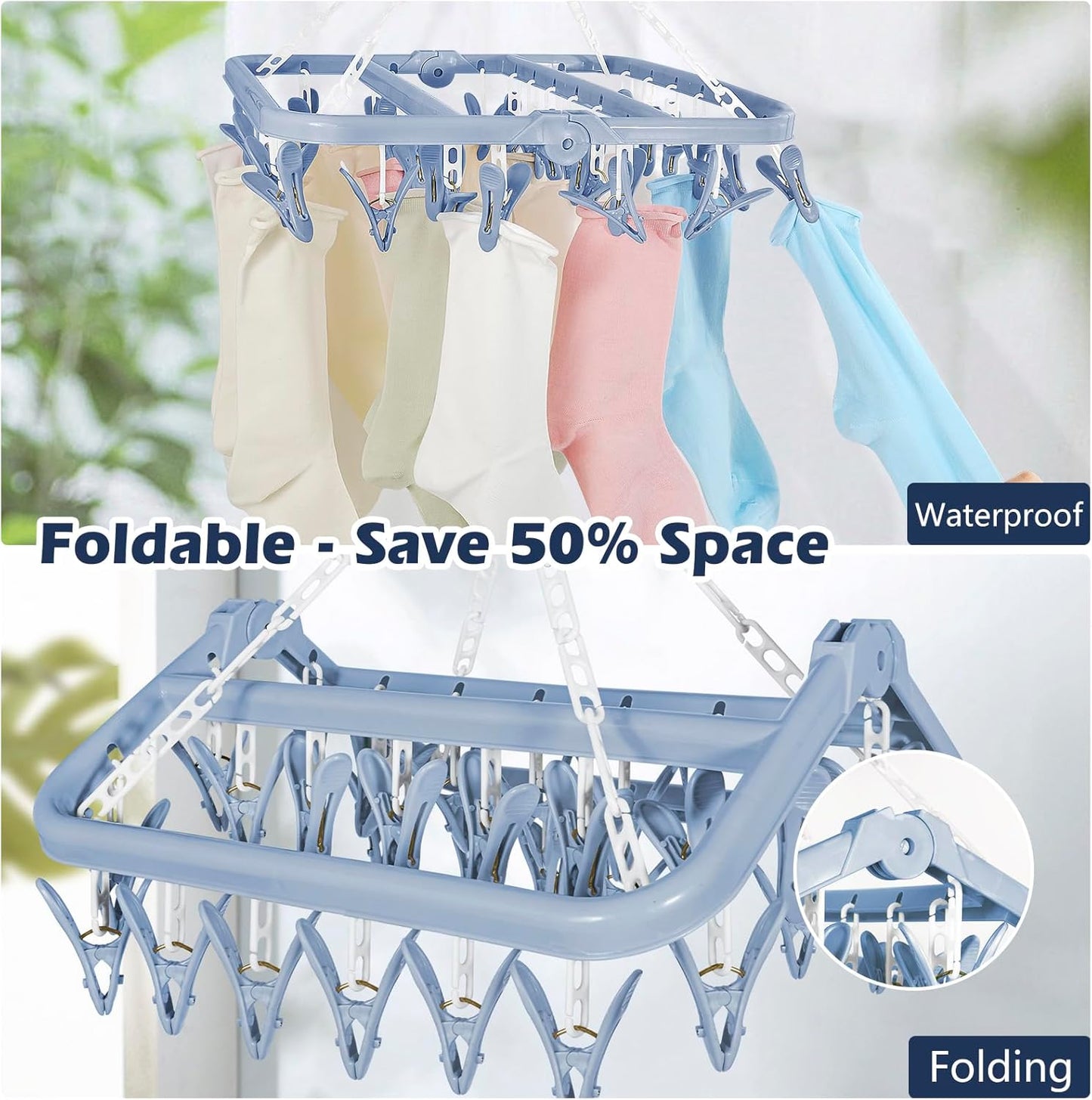 Clothes Drying Rack with 32 Clothespins, Bule Foldable Hanging Drying Racks, 360° Rotatable Hook for Drying Towels Bras Baby Clothes Gloves Plastic, Clothes Drying Foldable-Bule