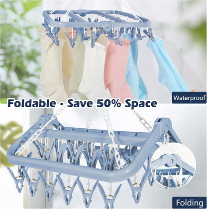 Clothes Drying Rack with 32 Clothespins, Bule Foldable Hanging Drying Racks, 360° Rotatable Hook for Drying Towels Bras Baby Clothes Gloves Plastic, Clothes Drying Foldable-Bule