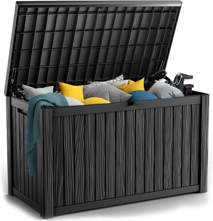 PatioZen 100 Gallon Resin Deck Box, Lockable Patio Outdoor Storage Box for Furniture, Garden Tools and Tools Storage, Waterproof Outside Storage Boxes - Black