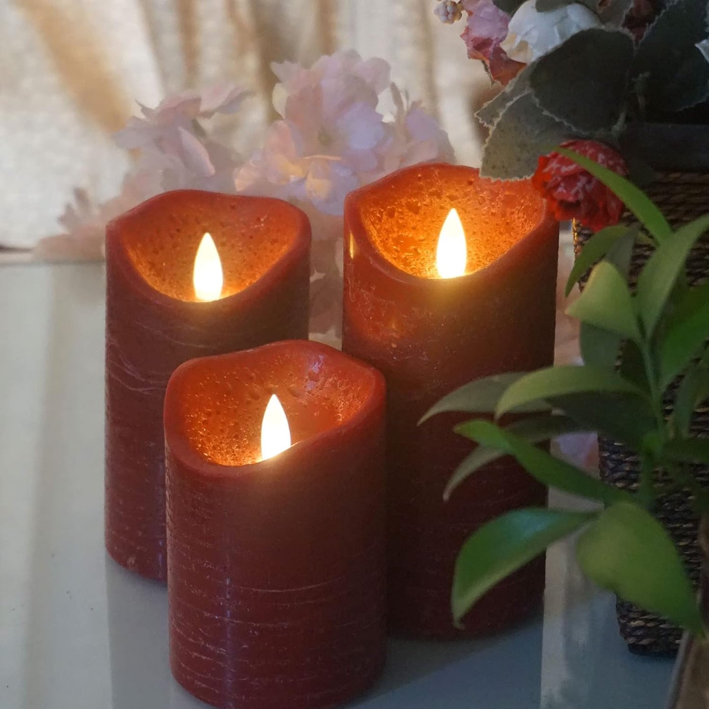 Battery Operated Flameless Candles with Remote Timer Real Wax Realistic Bright Flicker Flickering Electric Electronic LED Pillar Lights Home Wedding Party Decorations Set of 3 Rustic Texture Gray Grey