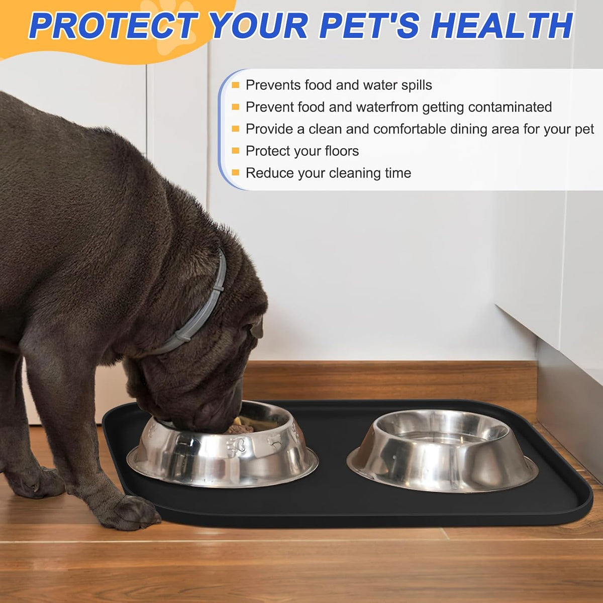 SMILOOL Silicone Pet Food Mat with Raised Edge for Food and Water Bowl, Dog Feeding Mats, Cat Food Trays for Floor Waterproof, Rubber Tray for Dogs and Cats, 19 x 12 x 0.7 Black