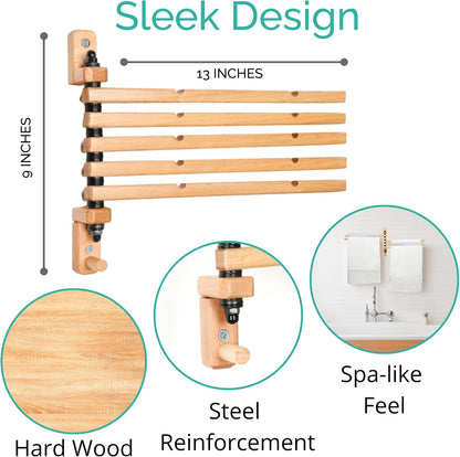 TERRA HOME Swivel Towel Rack - Clothes Drying Rack Wall Mounted - Crafted with Rustic Hard Wood - 5 Durable Rods, Stylish and Home Docor Design for Bathroom, Laundry Room