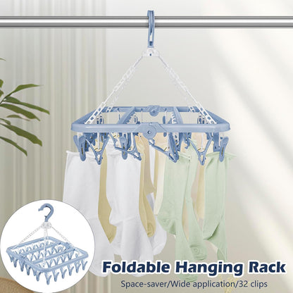 Clothes Drying Rack with 32 Clothespins, Bule Foldable Hanging Drying Racks, 360° Rotatable Hook for Drying Towels Bras Baby Clothes Gloves Plastic, Clothes Drying Foldable-Bule