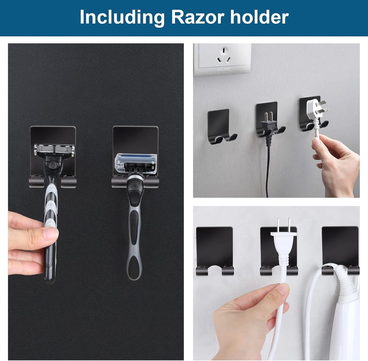 Diesisa Razor Holder for Shower + Adhesive Wall Hooks, Premium 304 Stainless Steel Shower Razor Holder with Heavy Duty Waterproof Sticky Hooks for Hanging Towels, Coat, hat (2+2 Pack)