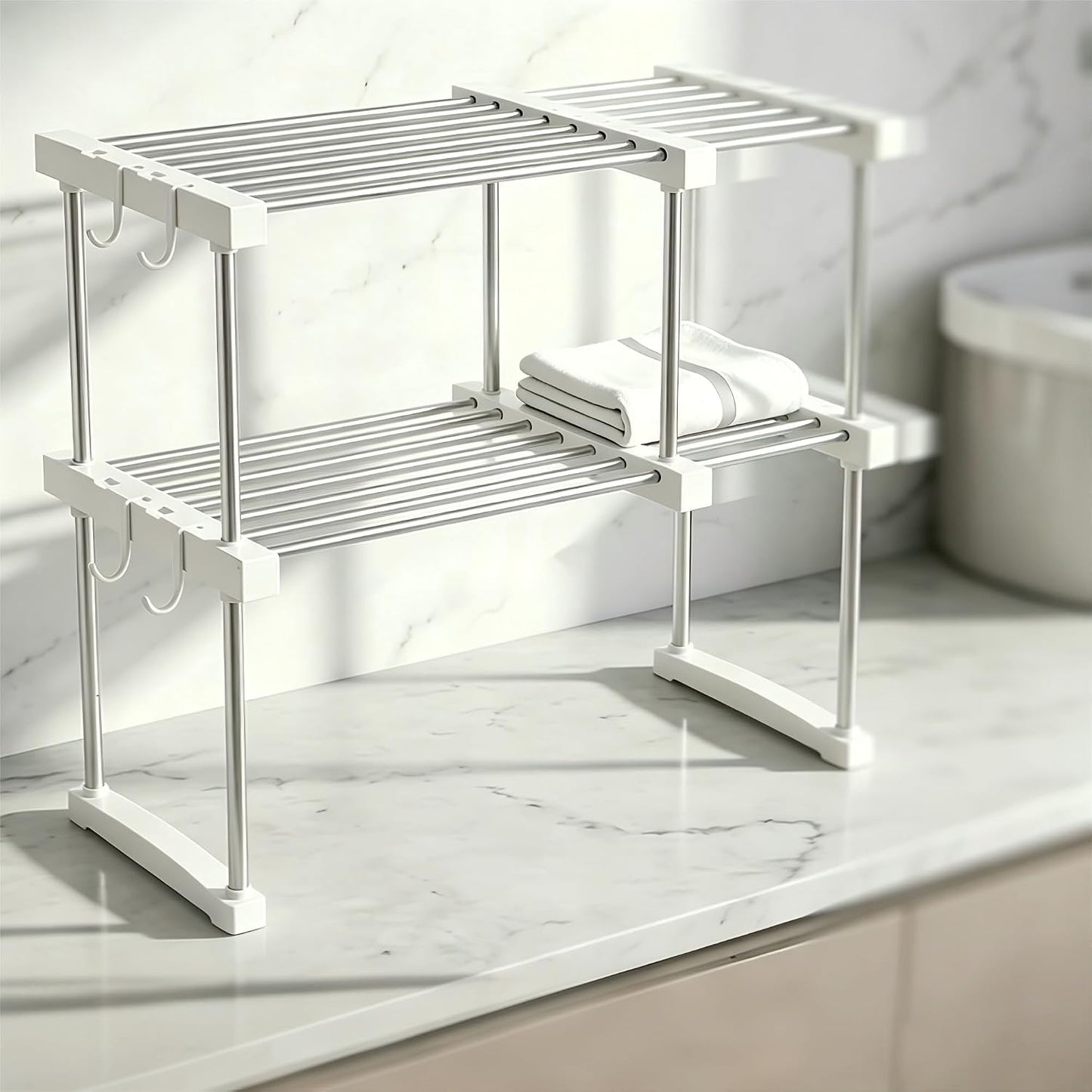 BLULEE Expandable Under Sink Organizer, 2-Tier Adjustable Storage Shelf | Heavy-Duty Stainless Steel Cabinet Rack for Kitchen Pantry & Bathroom Vanity, Stackable Organization System