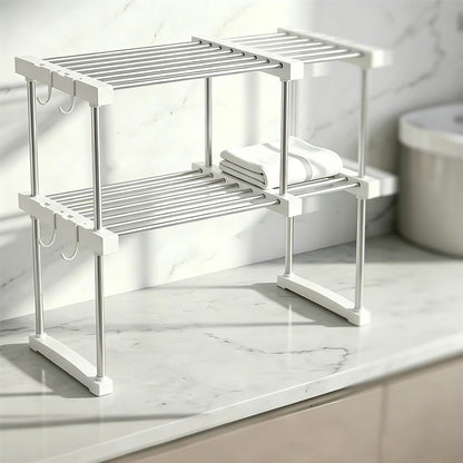 BLULEE Expandable Under Sink Organizer, 2-Tier Adjustable Storage Shelf | Heavy-Duty Stainless Steel Cabinet Rack for Kitchen Pantry & Bathroom Vanity, Stackable Organization System