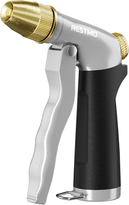 RESTMO Metal Water Hose Nozzle, Heavy Duty Garden Hose Sprayer for Outdoor | Adjustable Brass Spray Head, 4 Watering Patterns, Jet | Mist | Cone | Full, Leak-proof, Ideal for Lawn & Plant & Car, Green