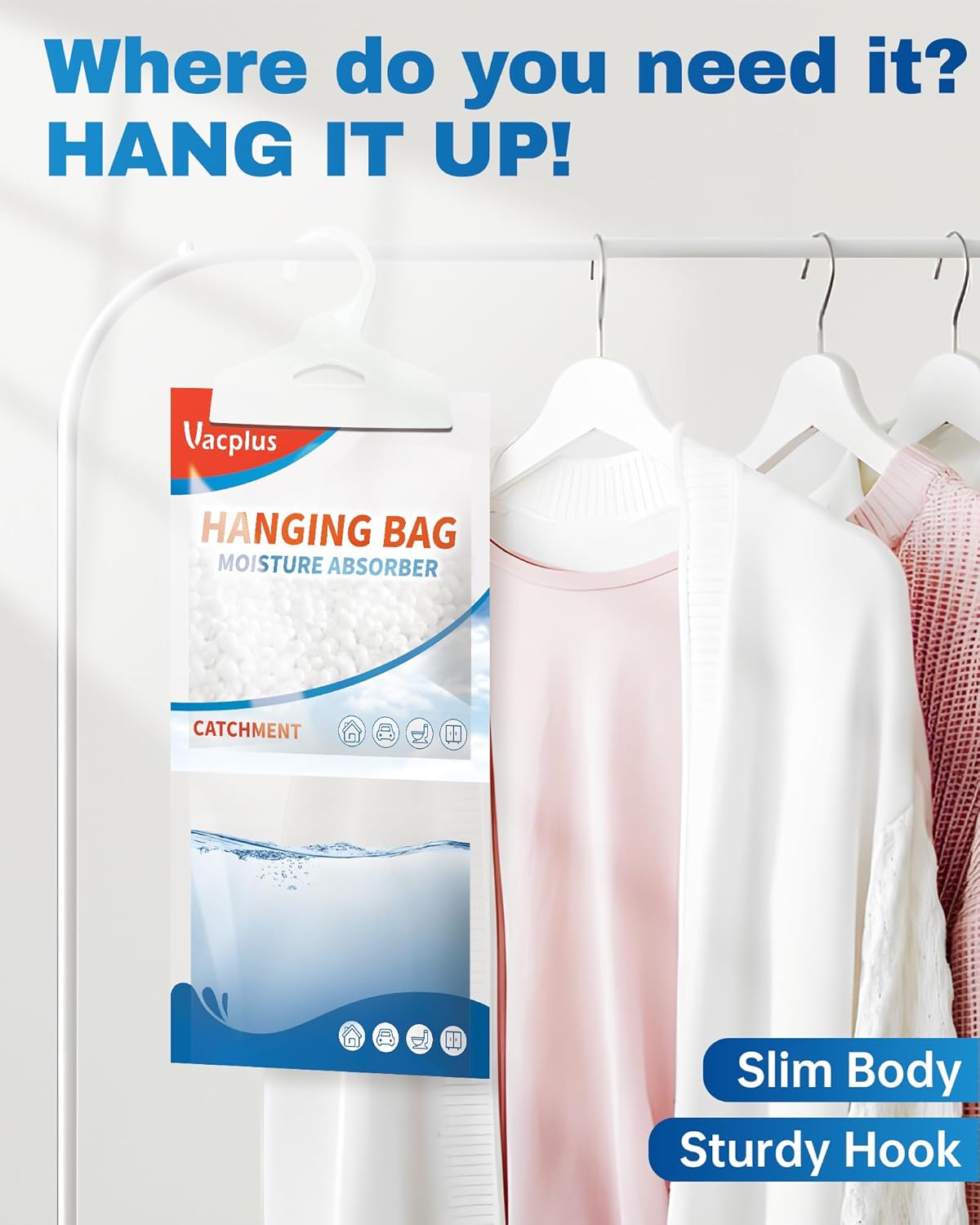 Vacplus Moisture Absorbers Packets, Fragrance Free 5 Pack, Humidity Packs, Dessicant Packets, Hanging Closet Dehumidifier Bags, Odor Eliminator for Bathroom 9.8OZ