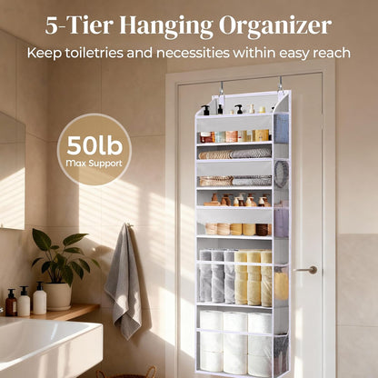 5 Tiers Over the Door Organizer with 10 Mesh Side Pockets, 44 lbs Weight Capacity Closet Hanging Storage Organizer with Large Clear Window Kids Toys, Shoes, Diapers, Beige